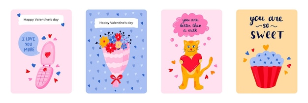 Set of cute postcard for Happy Valentine39s day birthday or other holiday Posters with lettering and vector hand drawn illustration about love romance holiday 14th February Greeting card template