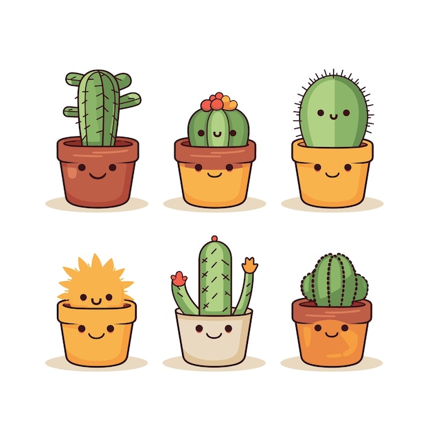 Set cute potted cacti smiling faces Kawaii indoor plants cheerful colors display happy emotions