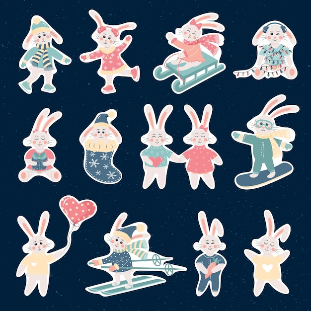 Set of cute printable rabbits stickers Chinese symbol of the new year 2023