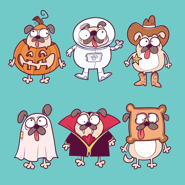 Set of cute Pugs in Halloween costumes