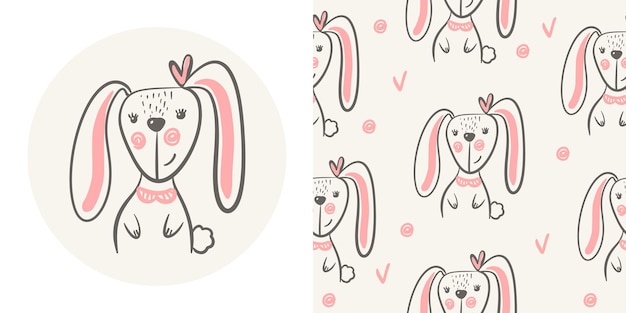 Set a cute rabbit with a pink bow on its head and kids seamless pattern with smiling bunny