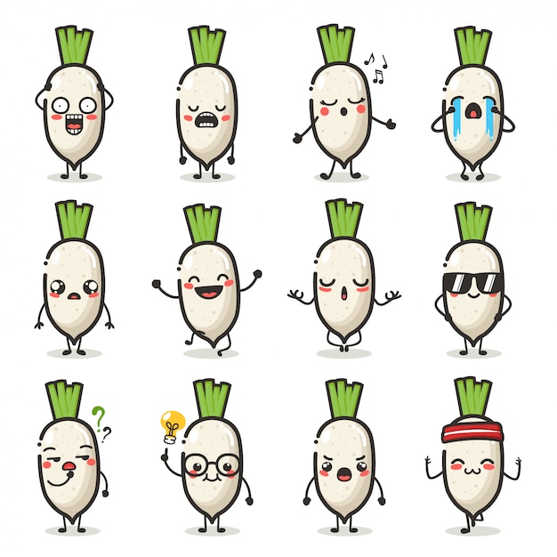 Set of cute Radish character in different action emotion