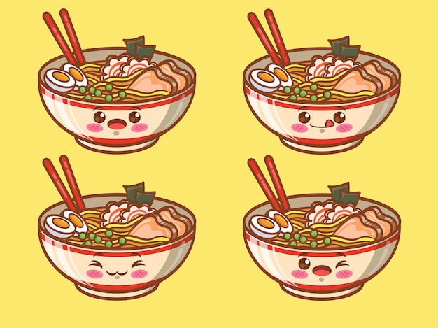 set of cute ramen Japanese food. cartoon character and illustration