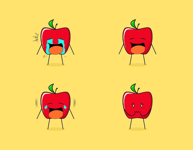 Set of cute red apple character with crying and sad expressions. use for emoticon, logo and mascot