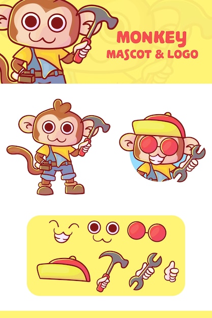 set of cute repair monkey mascot logo with optional appearance. premium kawaii  