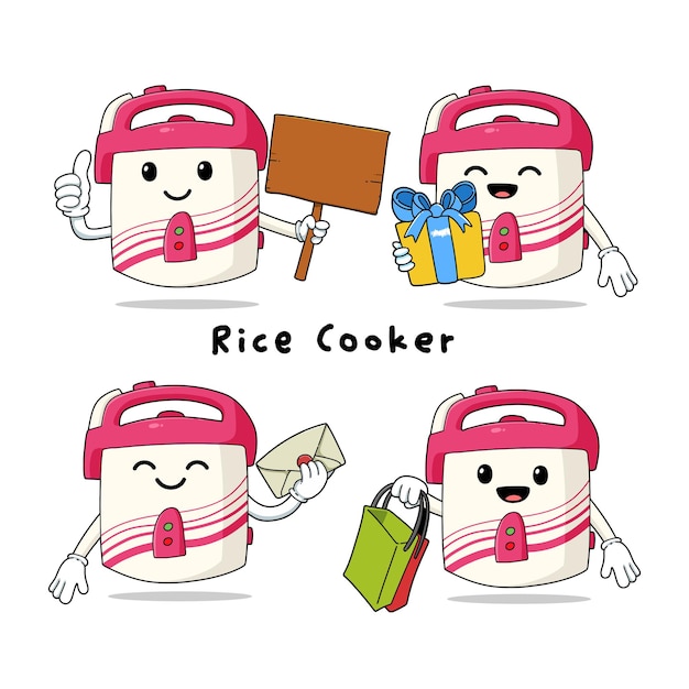 Set of cute rice cooker cartoon mascot characters