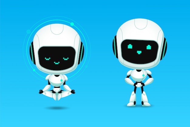 Set of cute robot ai character meditation and confidence action