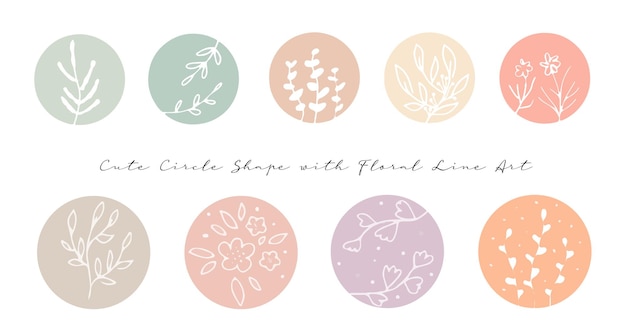 a set of cute round shape with white floral line art clip art