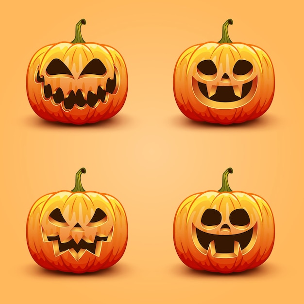 Set of cute and scary Halloween pumpkins. Autumn holiday vector illustration