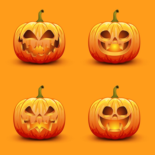 Set of cute and scary Halloween pumpkins. Autumn holiday vector illustration