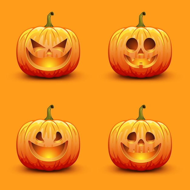 Set of cute and scary Halloween pumpkins. Autumn holiday vector illustration