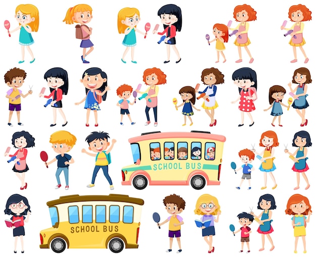 Set of cute school kids cartoon characters