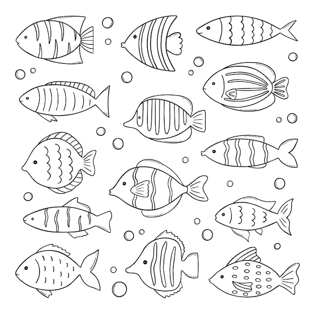 Set of cute sea fish doodle Underwater world in sketch style