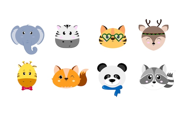 Set of cute simple animals heads, flat design