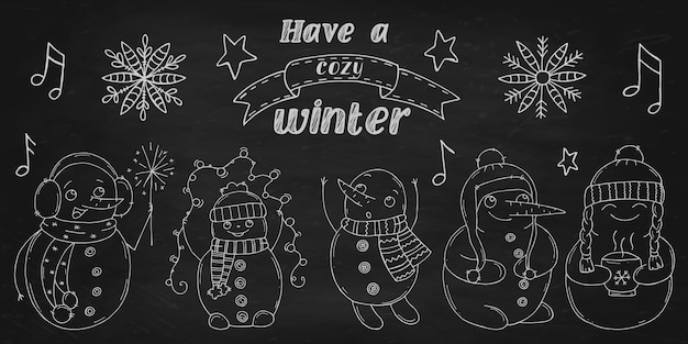 Set of cute snowmen on a black chalk board Vector illustration in doodle style Winter mood Hello 2023 Merry Christmas and Happy New Year