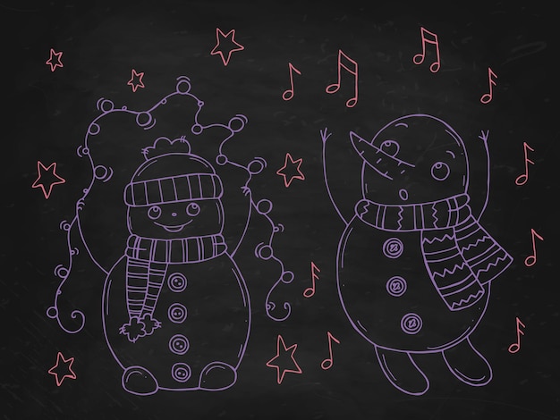 Set of cute snowmen on a black chalk board Vector illustration in doodle style Winter mood Hello 2023 Merry Christmas and Happy New Year