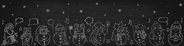 Set of cute snowmen on a black chalk board Vector illustration in doodle style Winter mood Hello 2023 Merry Christmas and Happy New Year