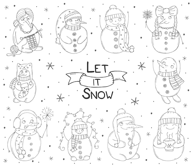 Set of cute snowmen on a white background Vector illustration in doodle style Winter mood Hello 2023 Merry Christmas and Happy New Year