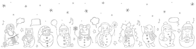 Set of cute snowmen on a white background Vector illustration in doodle style Winter mood Hello 2023 Merry Christmas and Happy New Year