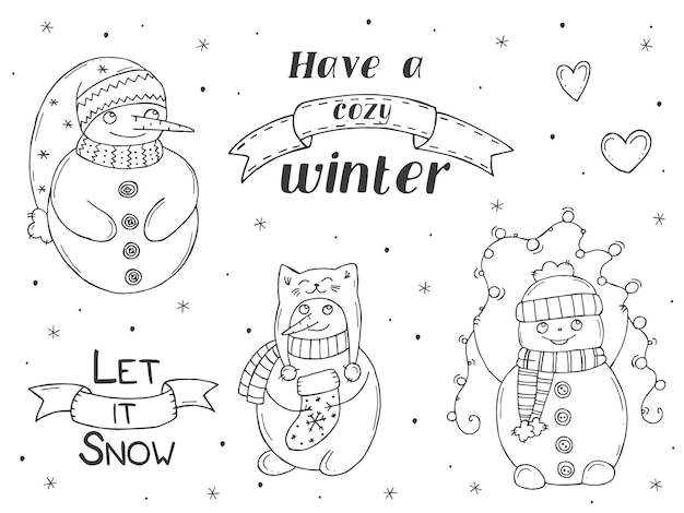 Set of cute snowmen on a white background Vector illustration in doodle style Winter mood Hello 2023 Merry Christmas and Happy New Year