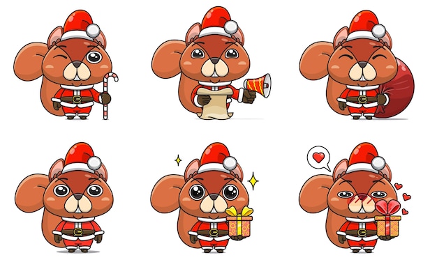 Set cute squirrel in christmas costume cartoon animal in santa costume front view six poses