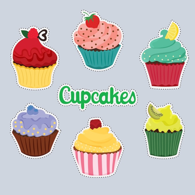  set of cute sticker with cupcake Vectors 