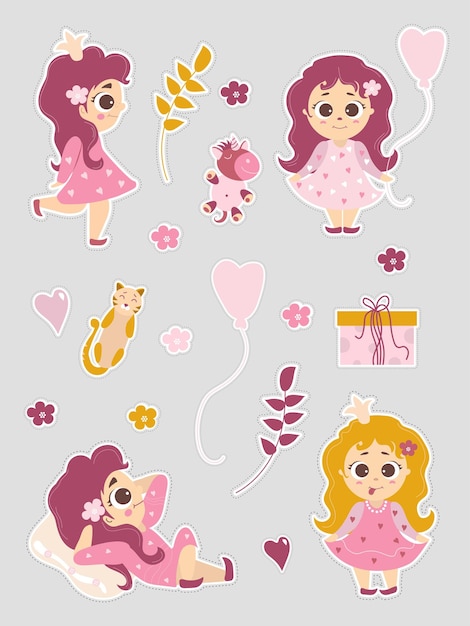 set of cute stickers with baby girl princess with balloon and unicorn and cat Kids girly collection