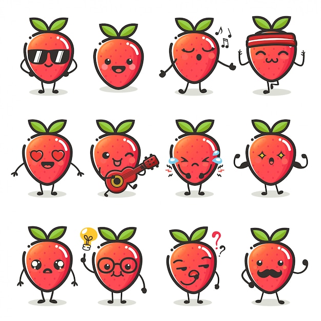 Set of cute Strawberry fruit character in different action emotion