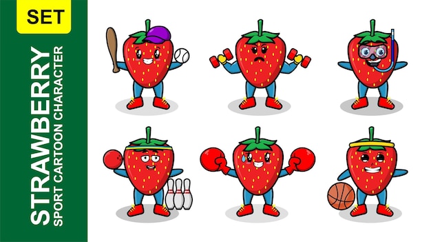 Set cute Strawberry sport of cute cartoon character in 3d modern design