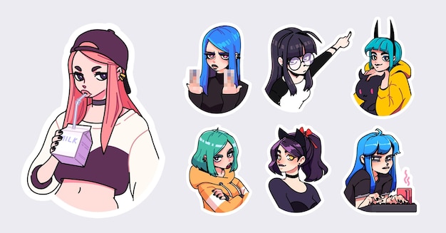 A set of cute stylish girls stickers in various clothes with different expressions