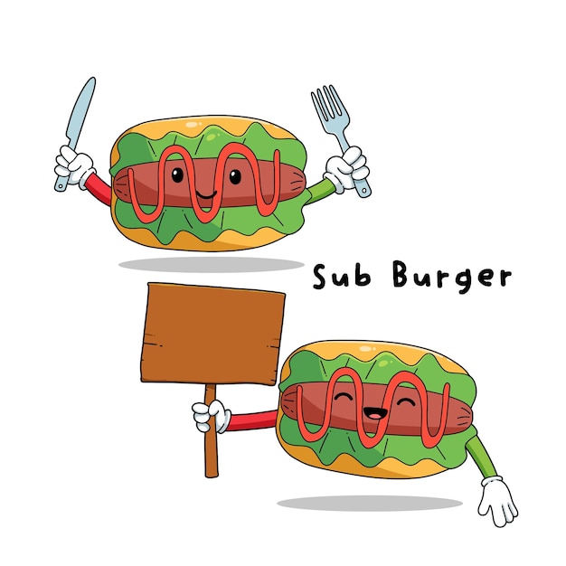 Set of cute sub burger cartoon mascot characters