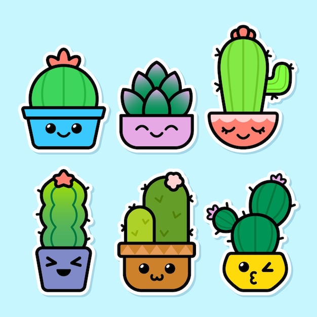 Set of Cute Succulent Cactus Stickers