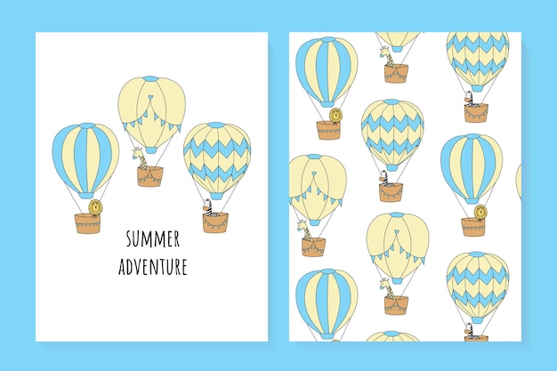 A set of cute summer cards Air balloon Lion graffee zebra