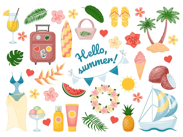 Set of cute summer elements suitcase fruit drinks palm leaves swimsuit flowers Fun colorful objects Isolated on white Vector illustration