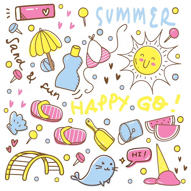 Set of cute summer hand drawn doodles