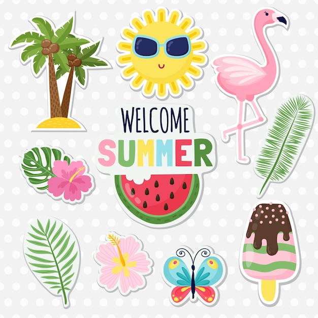 Set of cute summer stickers. cute Toucan, ice cream, watermelon, pineapple, lemon, banana and cocktail. design for summer cards, posters or party invitations