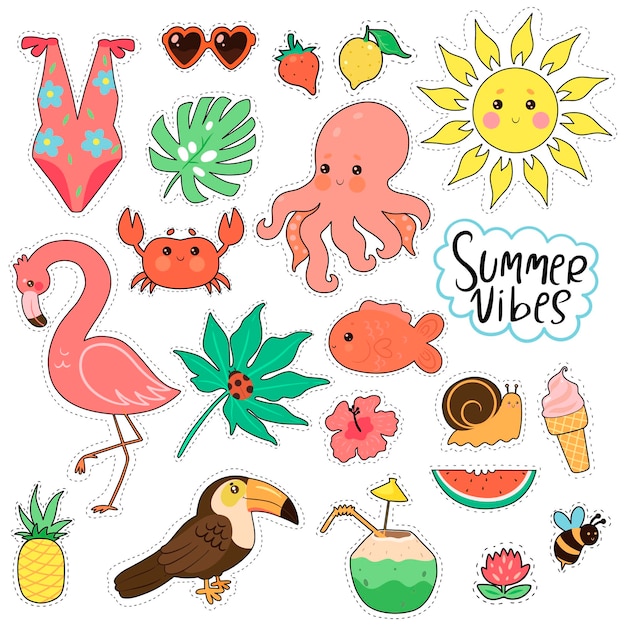 Set of cute summer stickers isolated on white