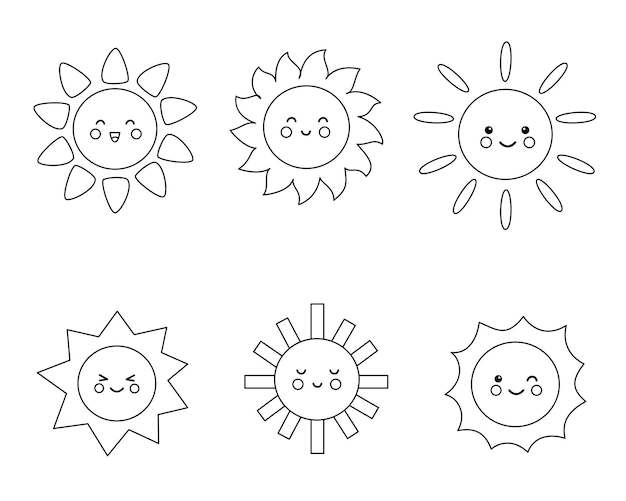 Set of cute suns in cartoon style Black and white