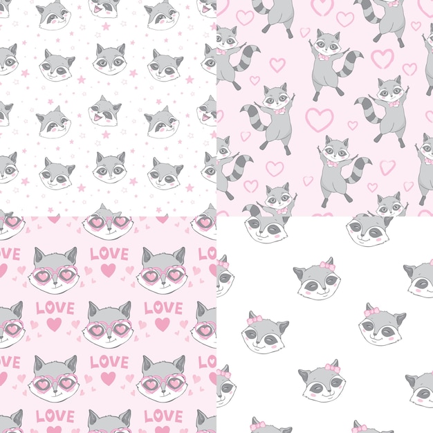 Set of Cute Super Raccoons Seamless Patterns and Poster. Childish Background with Little raccoon Heads.