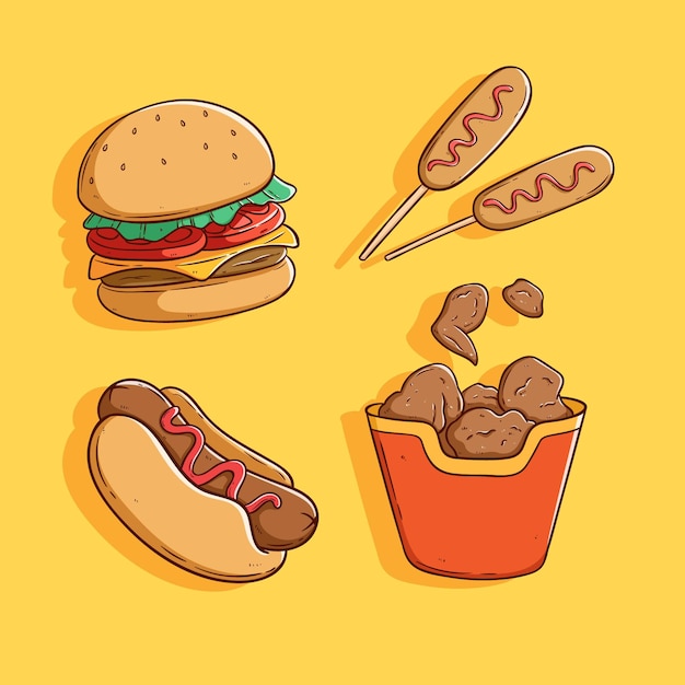 set of cute tasty junk food design