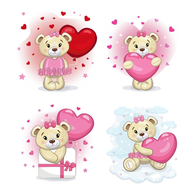 A set of cute teddy bear girls with a pink hearts, Teddy bears cute set