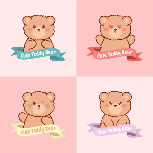 Set of Cute Teddy bear vector illustration with colorful ribbon in pink pastel background