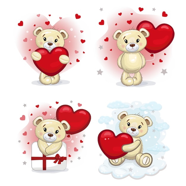 A set of cute teddy bears with a red hearts, Teddy bears cute set