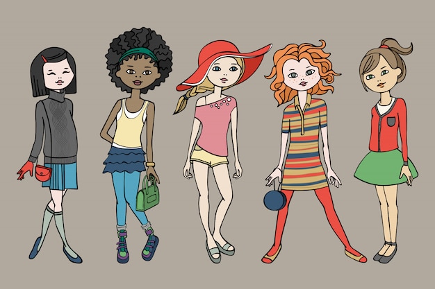 Vector set of cute teen girls in fashion outfits