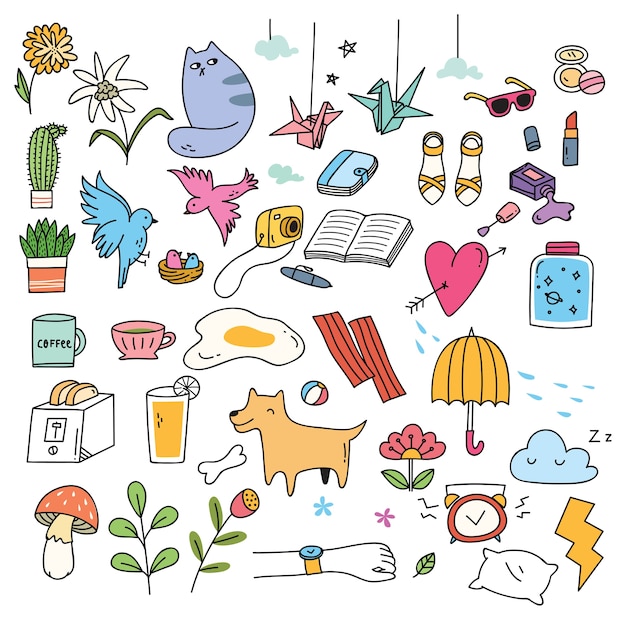 Set of cute things in doodle style