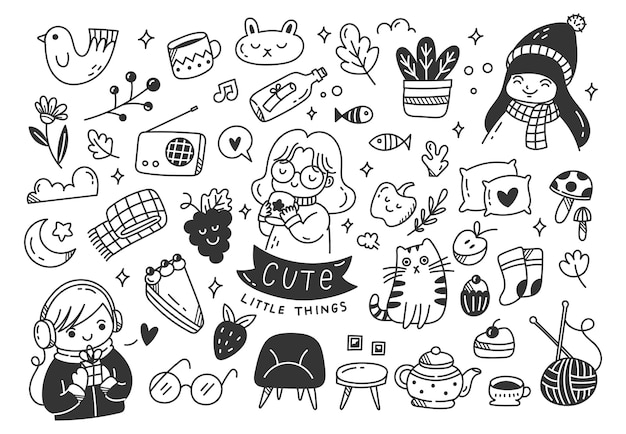 Set of cute things doodles various kawaii object