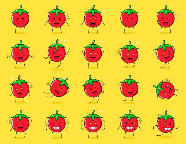 set of cute tomato cartoon character with happy and smile expression. use for emoticon and mascot