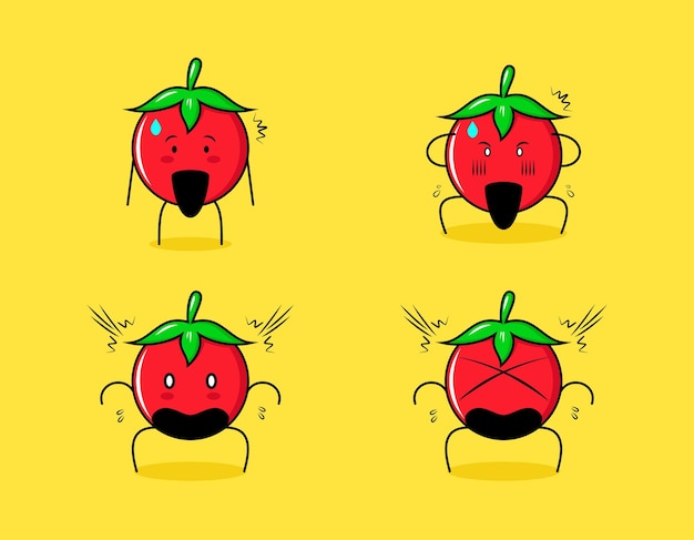 set of cute tomato cartoon character with shocked expressions. use for emoticon, logo and mascot