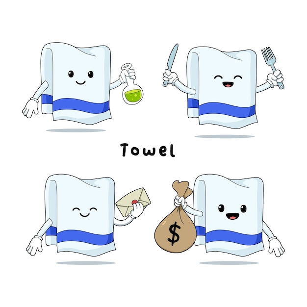 Set of cute towel cartoon mascot characters