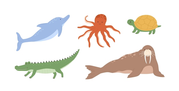 Set of cute underwater animals. Octopus, dolphin, turtle, crocodile and walrus. Collection of marine mammals isolated on white background. Colored flat vector illustration.